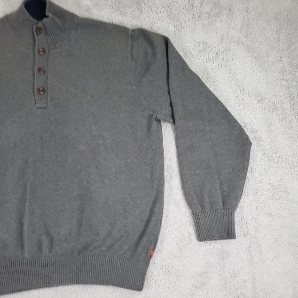 IZOD Mens XL Gray Quarter Button Mock Neck Sweater Navy Trim Preppy Grandpacore - Picture 7 of 14